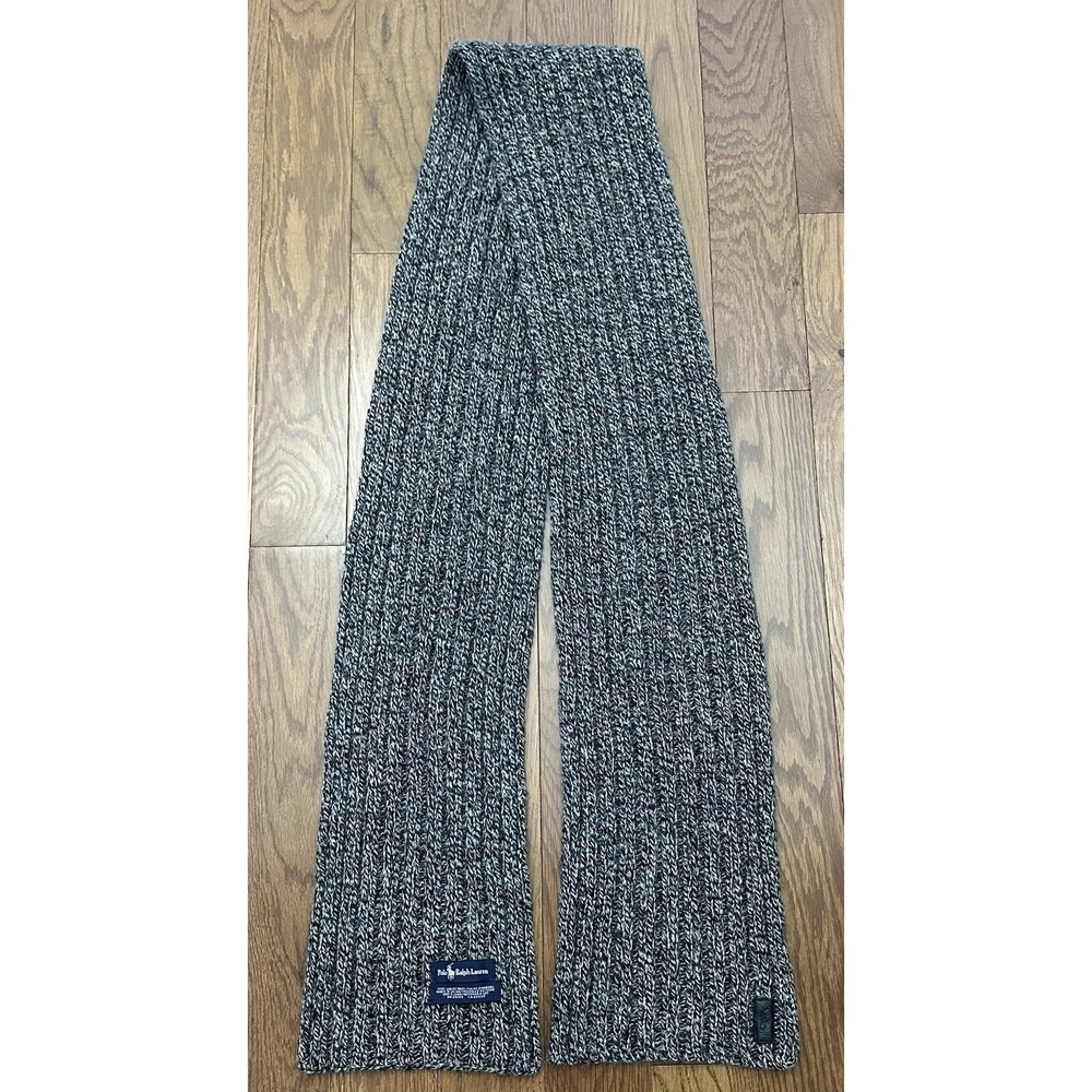 Polo Ralph Lauren Unisex 100% Lambswool 68"x8" Grey Black Scarf Ribbed Preppy
